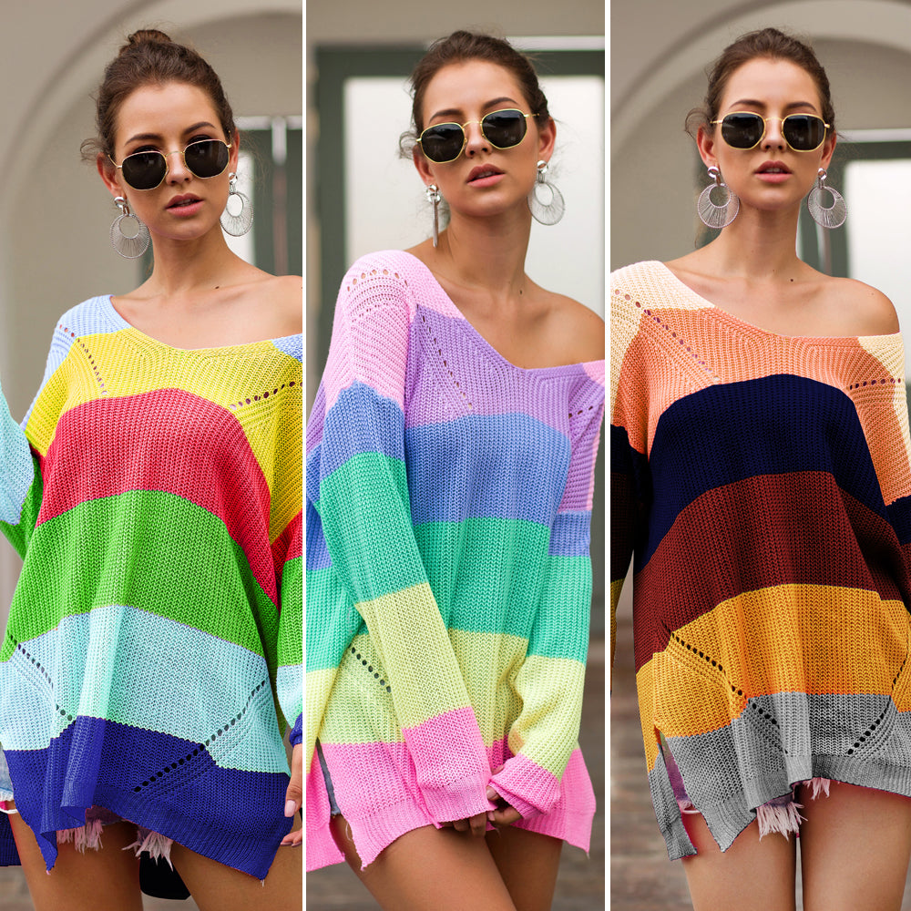 Women's Loose V-neck Rainbow Stripes Long Sweater