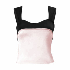 Contrast low cut satin self tie backless sleeveless crop top