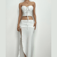 Lace up sweetheart neck solid backless high slit ruched midi skirt set