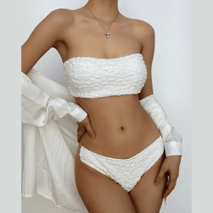 Solid textured contrast hollow out tube bikini swimwear