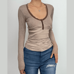 Ribbed button v neck lace hem long sleeve top