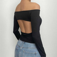 Off shoulder long sleeve gloves solid hollow out cut out top
