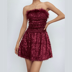 Textured glitter backless feather tube mini dress