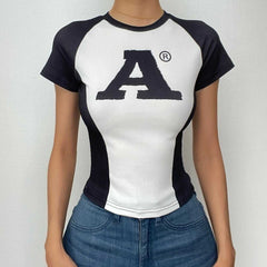 Ribbed contrast short sleeve "A" pattern crewneck top