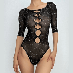 Sheer mesh see through beaded hollow out bowknot bodysuit