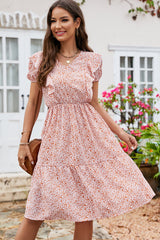 Ruffled Floral Print Short Sleeves Midi Dress