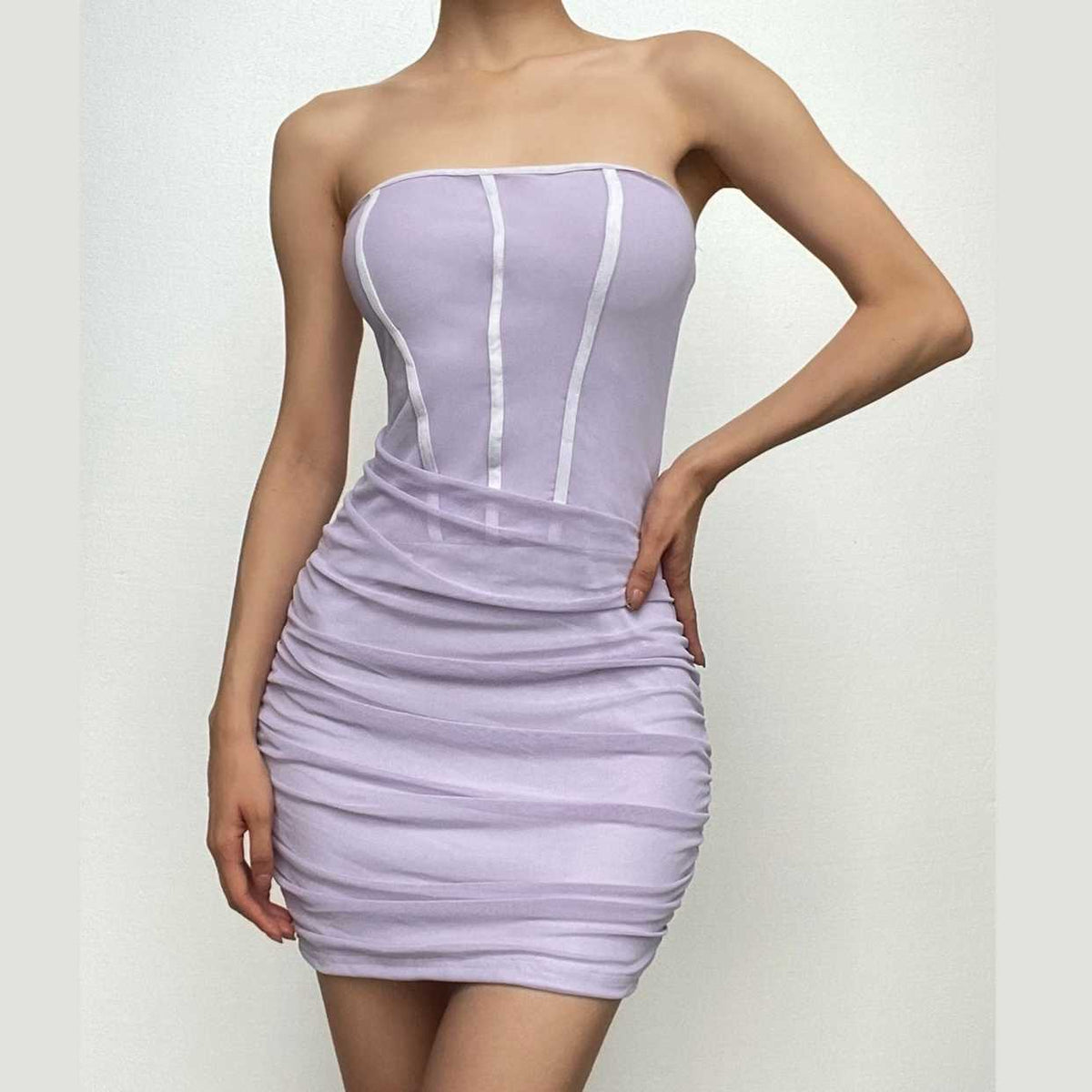 Corset contrast ruched mesh backless tube mini dress