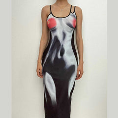 Contrast abstract body print slit backless midi dress