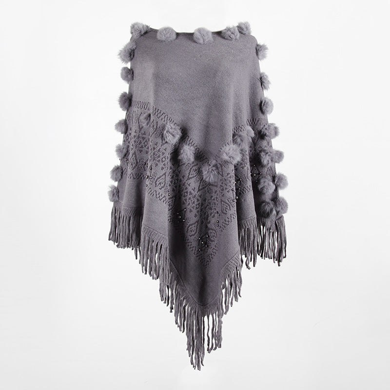 Tassel Fringed Pullover Bead Pompom Collar Sweater Cloak Shawl Cape