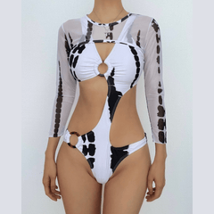 Hollow out contrast o ring crop top one piece swimwear with cover up