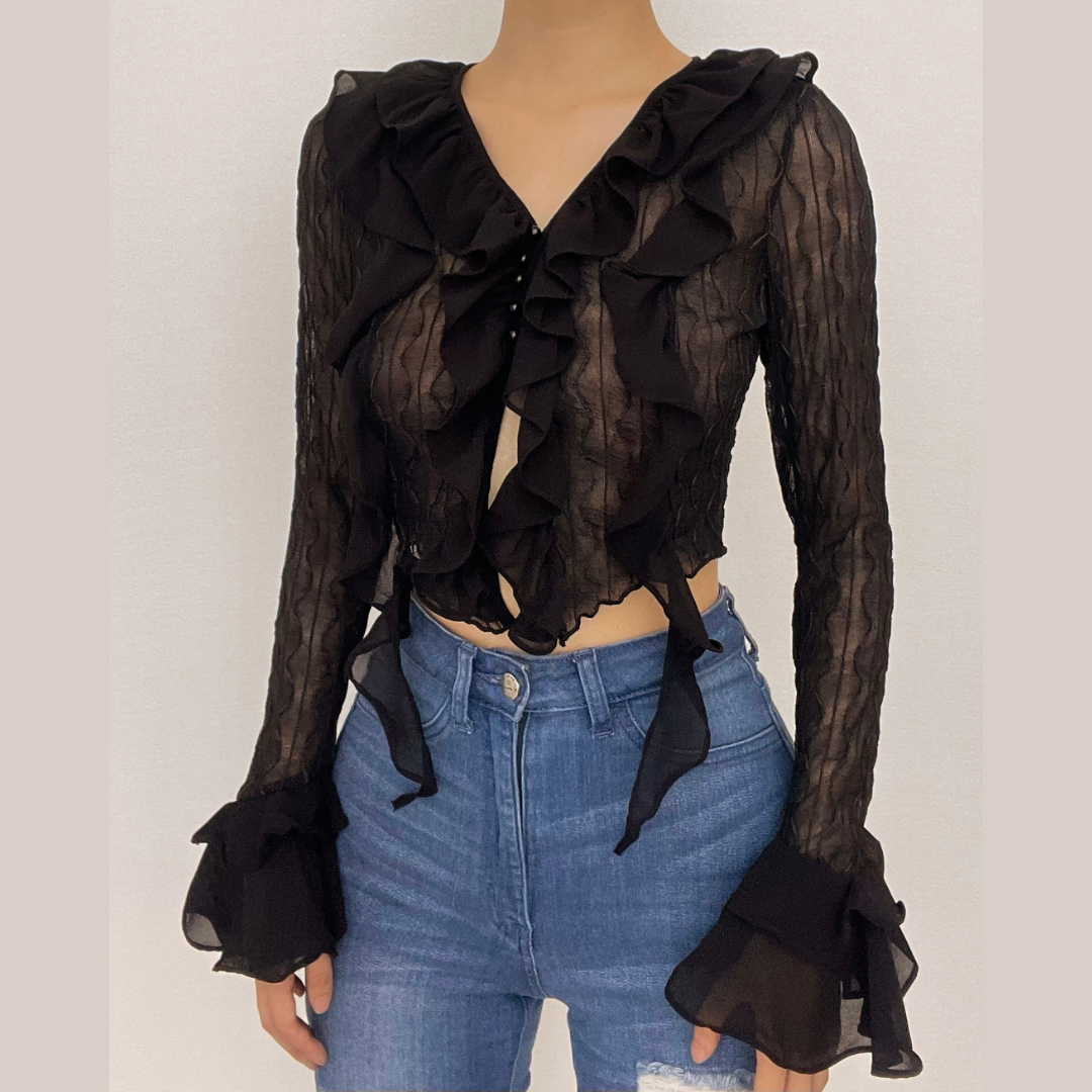 Textured solid long sleeve halter v neck ruffle flared sleeve crop top