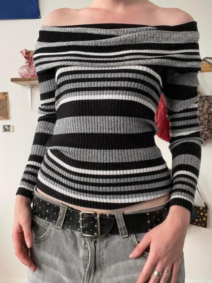 Contrast Color Striped Off Shoulder Slim Sweater