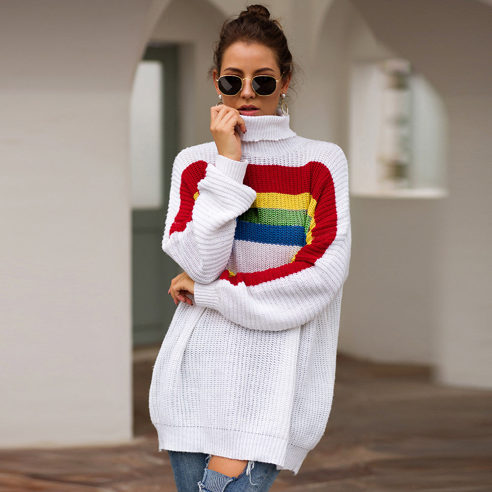 Women's High Collar Rainbow Stripes Knit Long Sweater