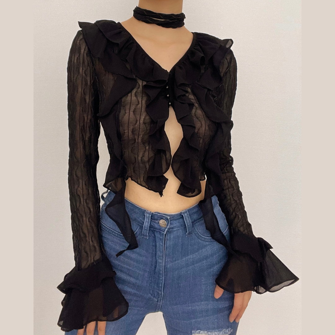 Textured solid long sleeve halter v neck ruffle flared sleeve crop top