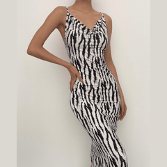 Zebra print contrast cowl neck backless slit low cut midi dress