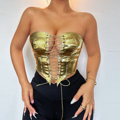 Backless corset metallic lace up self tie tube top