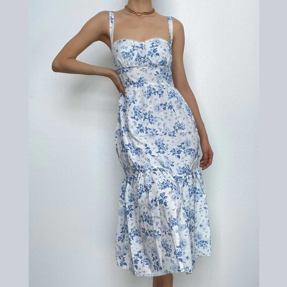 Ruched flower print contrast sleeveless midi dress