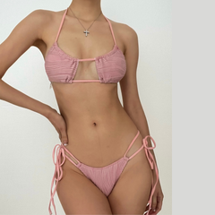 Solid textured self tie padded tube bikini swimwear