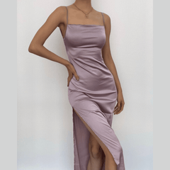 Sleeveless solid slit self tie backless satin midi dress