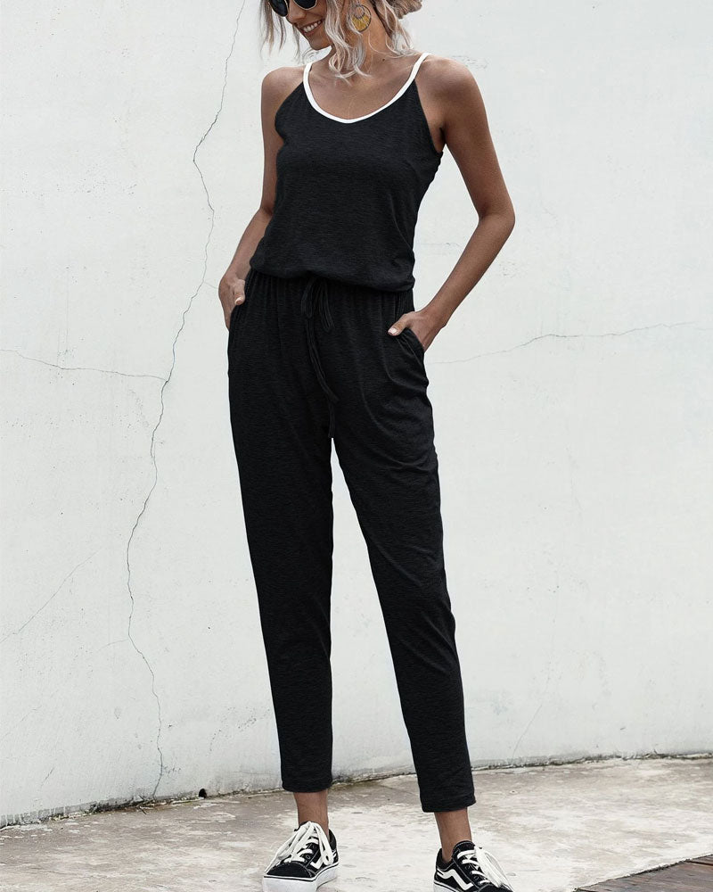 Suspenders Jumpsuit Drawstring Lace-up Rompers With Pocket