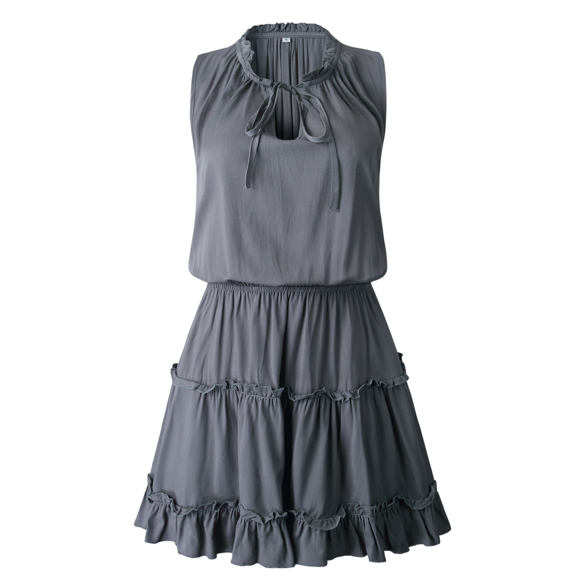 V-neck Lace-up Pleated Elastic Waist Mini Dress