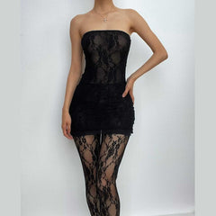 Solid lace backless see through tube jumpsuit