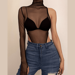 Sheer mesh see through one shoulder irregular gloves bodysuit