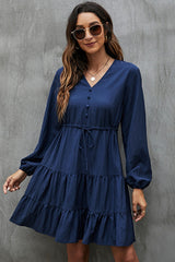 Long Sleeve V Neck Tie Waist Casual Dress