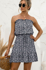 Floral Print Tie Waist Strapless Mini Length Dress