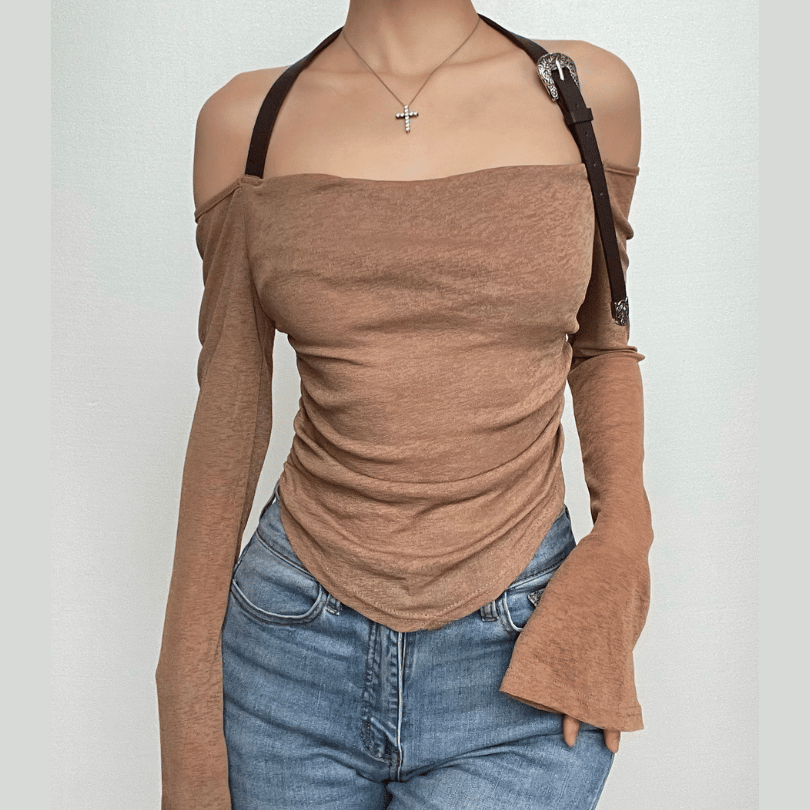 Buckle halter PU leather cowl neck off shoulder long sleeve top