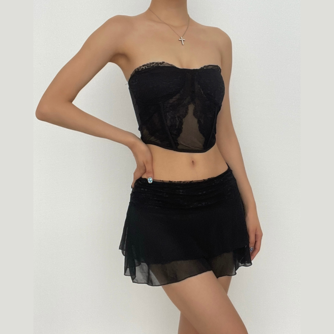 Mesh solid sleeveless backless lace hem tube top skirt set