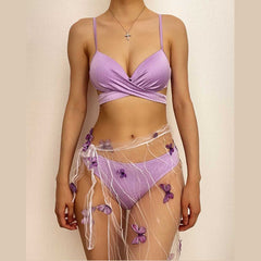 Butterfly applique mesh self tie contrast cross front cami 3 piece swimwear