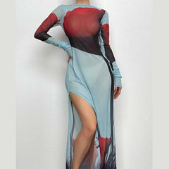 Sheer mesh see through abstract contrast long sleeve slit maxi dress