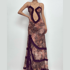 Ruffle spaghetti strap irregular slit backless maxi dress