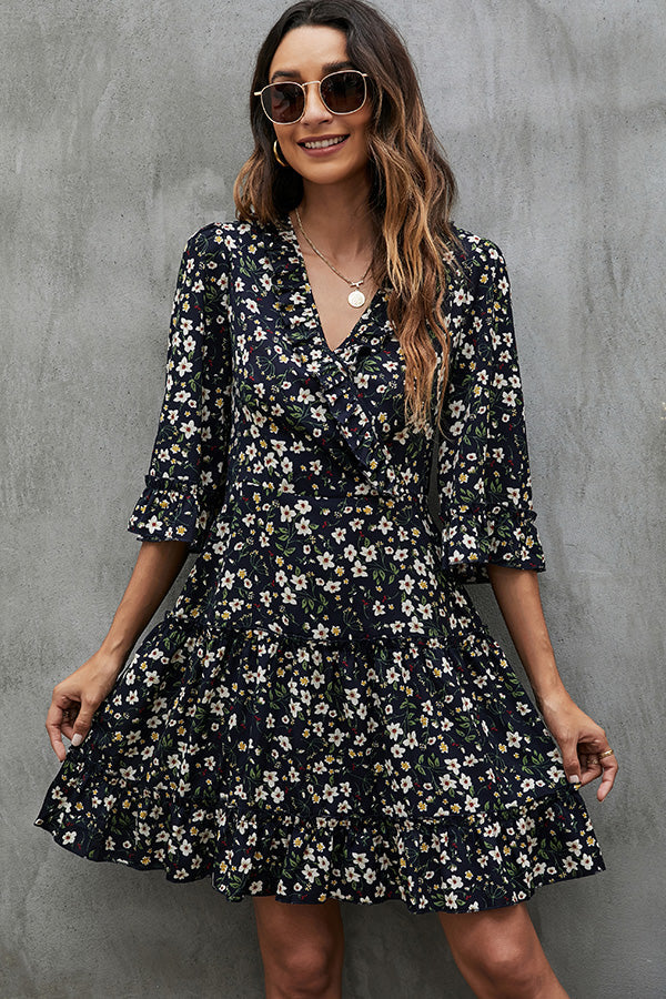 V Neck Half Sleeve Floral Print Mini Dress