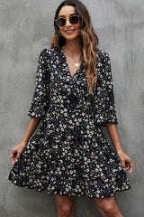 V Neck Half Sleeve Floral Print Mini Dress