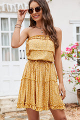 Ruffled Floral Print Smocked Mini Dress