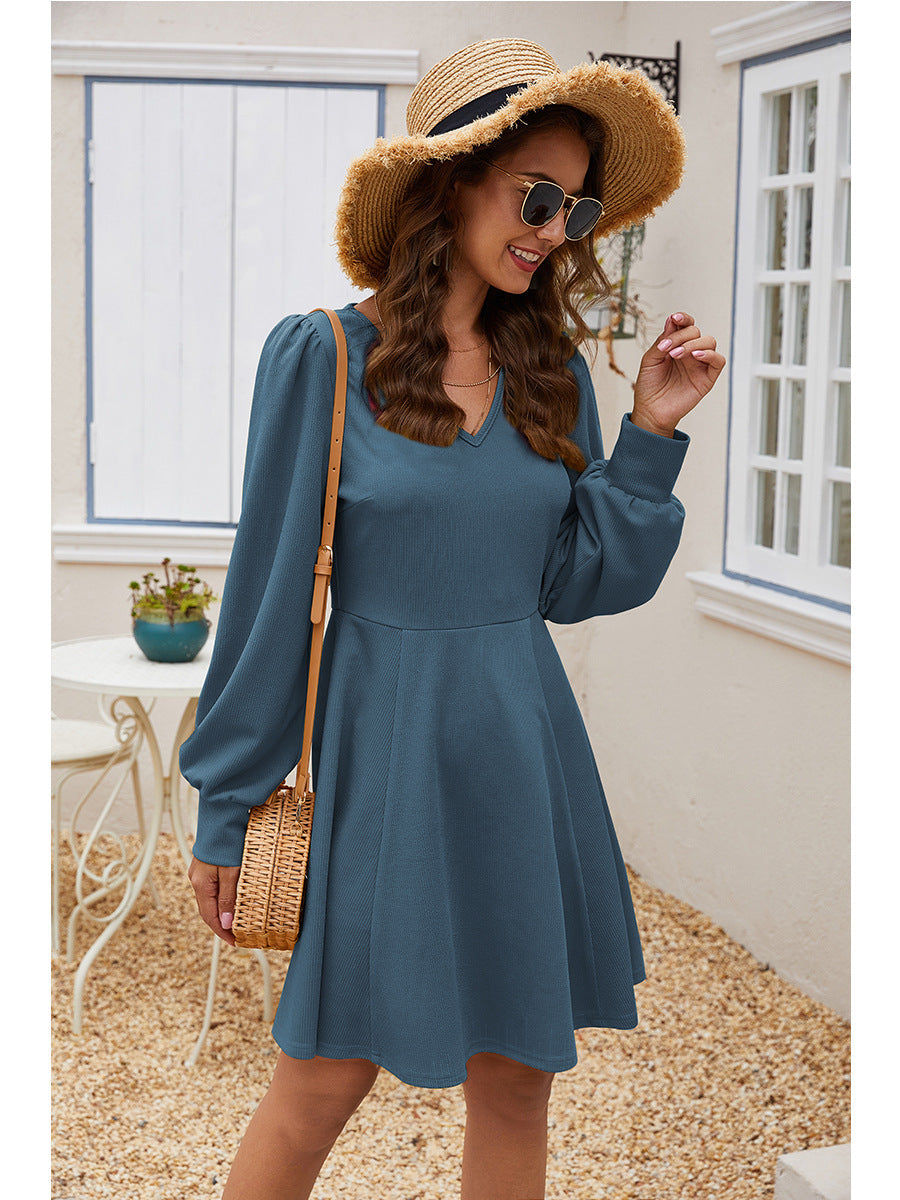 V-neck Long Sleeve Waistband Mini Dress