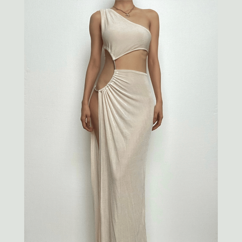 One shoulder hollow out ruched high slit dress