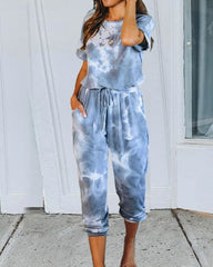 Tie Dye Two-piece T-shirt and Elastic Waist Pants Set