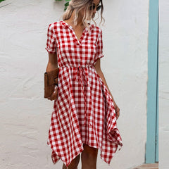 V-neck Plaid Irregular Hem Mini Dresses