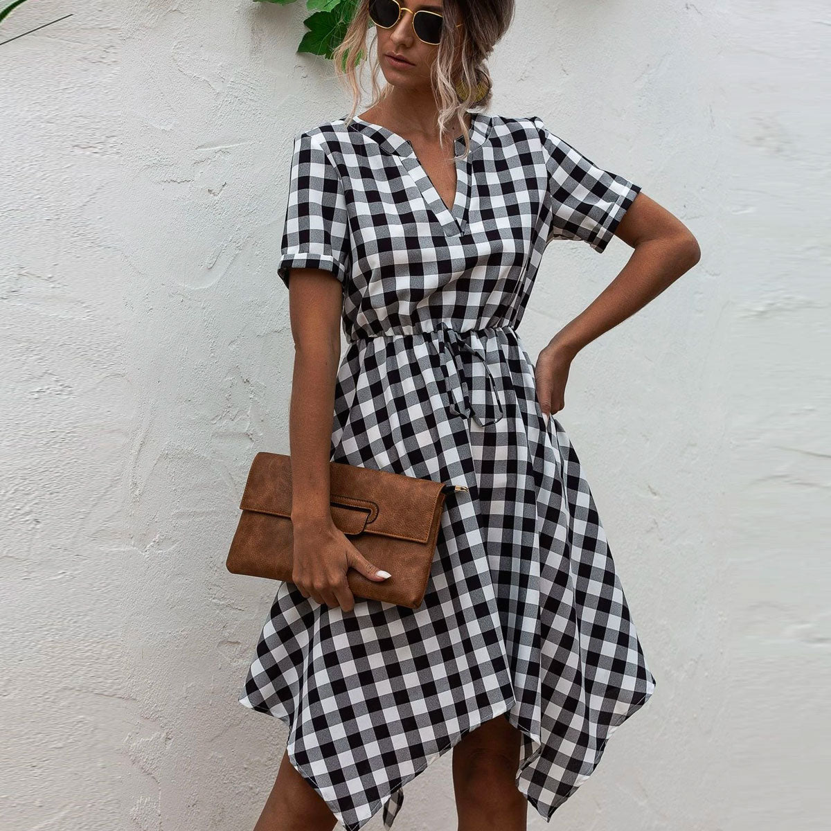 V-neck Plaid Irregular Hem Mini Dresses