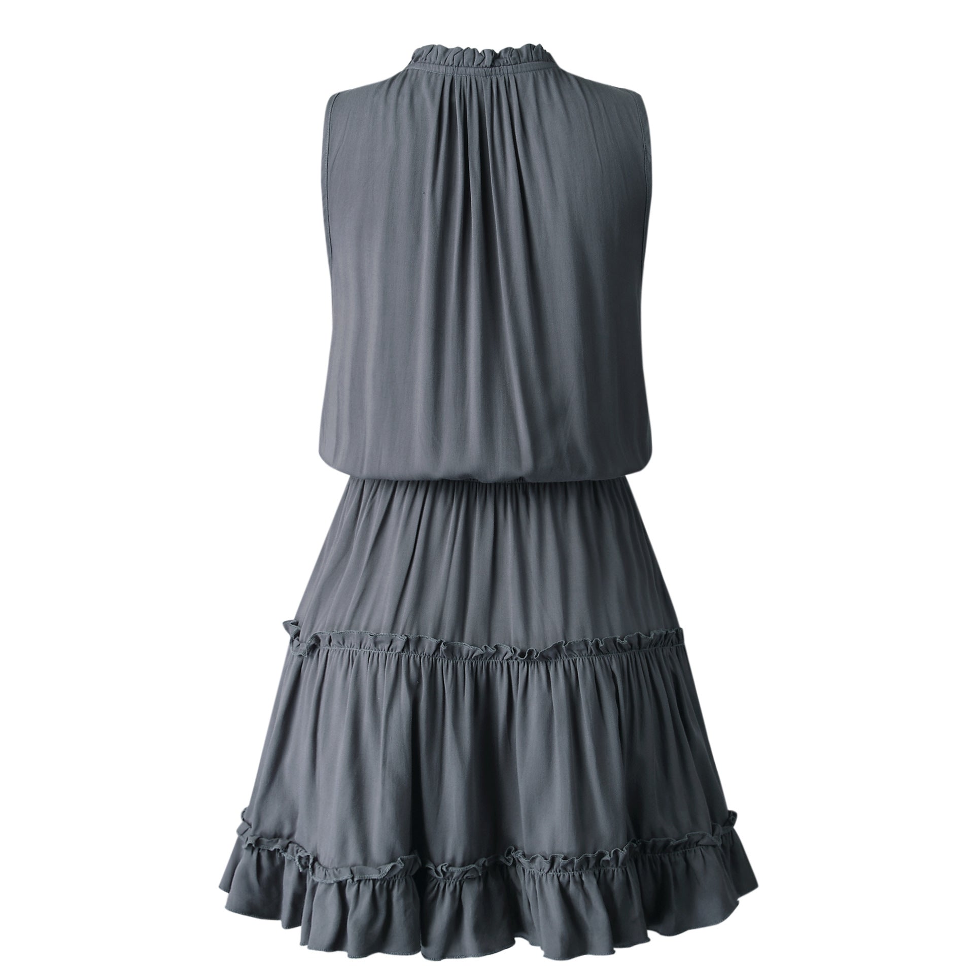 V-neck Lace-up Pleated Elastic Waist Mini Dress