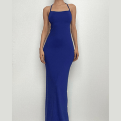 Self tie backless ruched square neck solid maxi dress