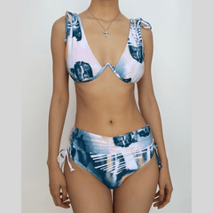 Contrast self tie v neck button bikini swimwear