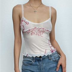 Sheer mesh see through flower print sleeveless lace hem crop top