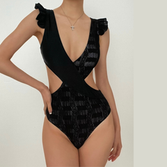 Hollow out textured ruffle padded one piece swimwear