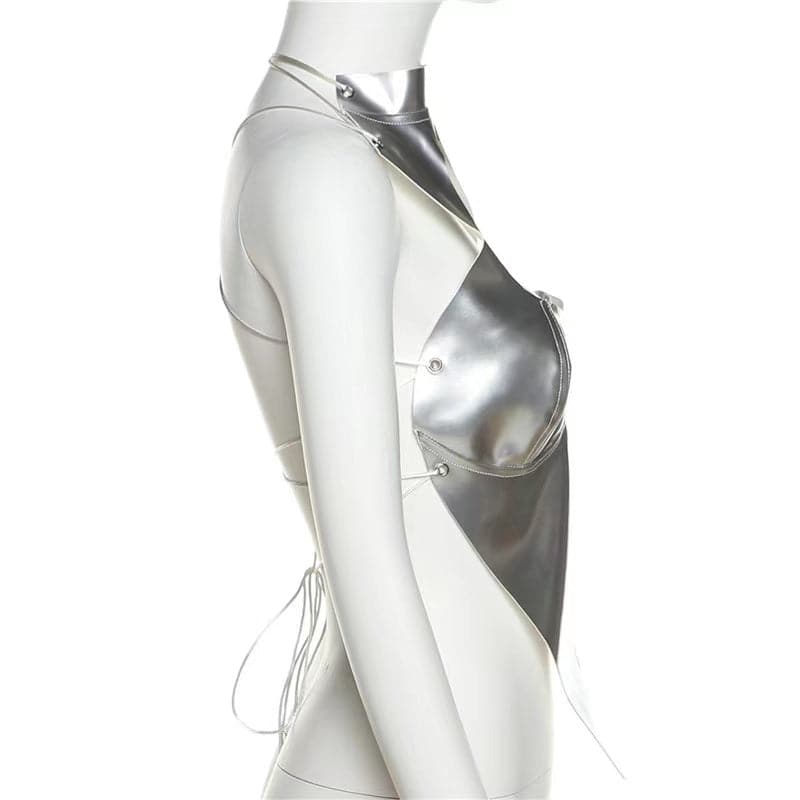 Metallic self tie cross back sleeveless hollow out crop cut out top
