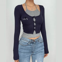 Bowknot contrast patchwork long sleeve halter top