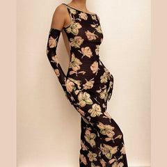 Sheer mesh sleeveless gloves backless flower pattern midi dress